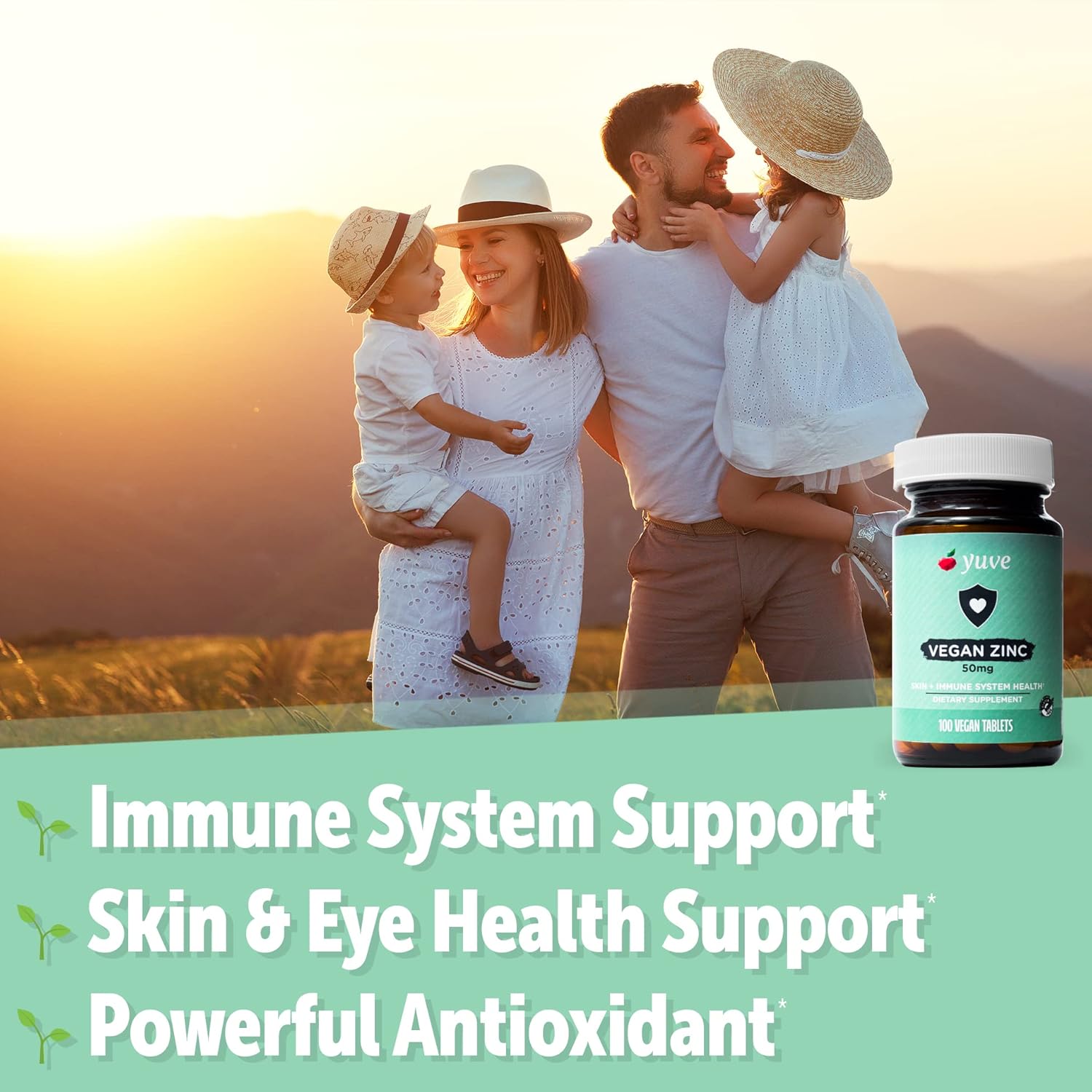 Yuve Natural Vegan Zinc Vitamins 50mg - Immune Support, Cold & Flu Relief, Clear Skin, Hormone Balance - Non-GMO, Gluten & Sugar Free - 100 Veg Tabs (2 Pack)