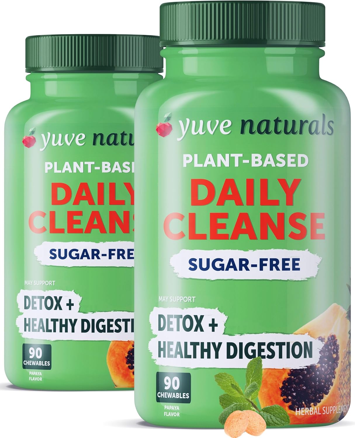 Yuve Papaya Digestive Enzymes Candy - Vegan, Non-GMO - Supports Digestion, Detox, Bloating & Gas Relief - Sugar-Free Chewables (2 Pack of 90ct)