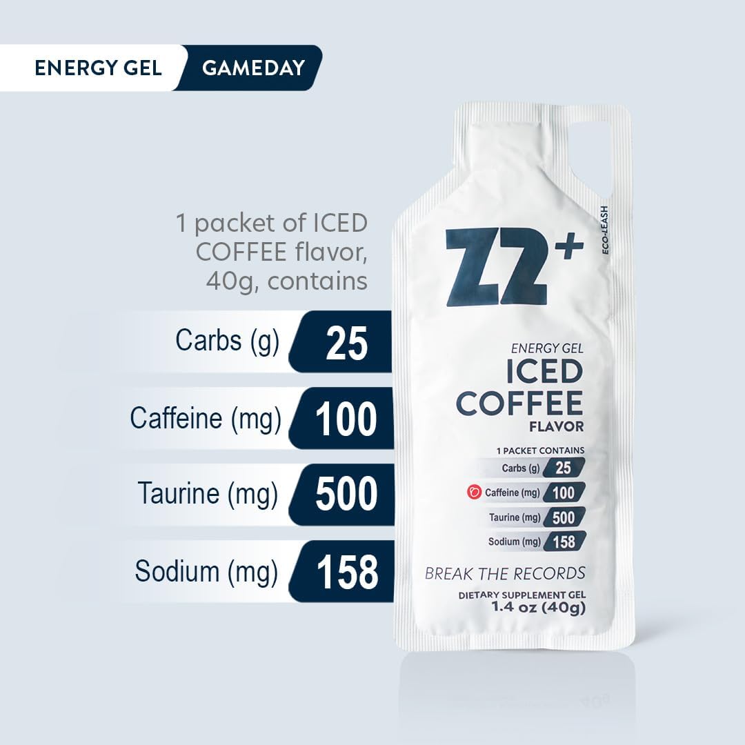 Z2 Iced Coffee Energy Gel Performance - Boost Endurance with Electrolytes, 25g Carb, 158mg Sodium, 100mg Caffeine, 500mg Taurine - 5-Pack