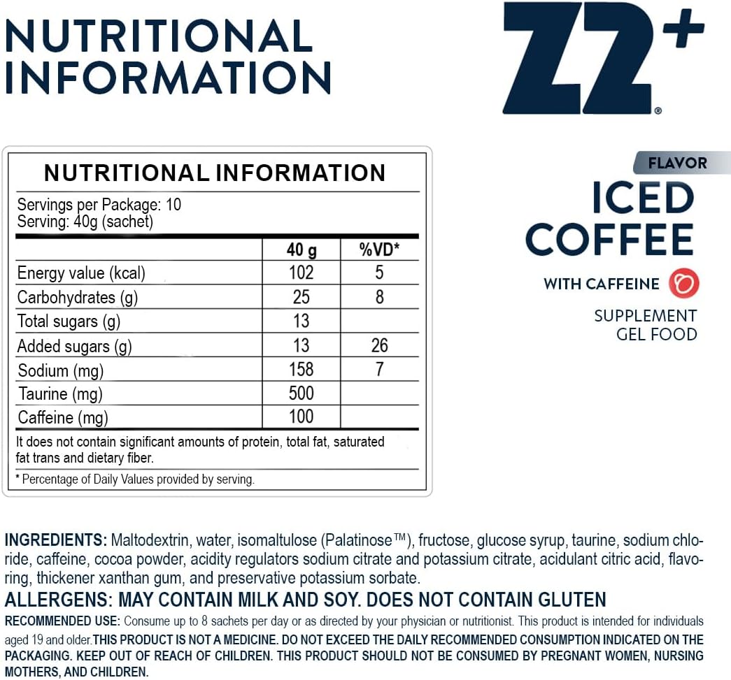 Z2 Iced Coffee Energy Gel Performance - Boost Endurance with Electrolytes, 25g Carb, 158mg Sodium, 100mg Caffeine, 500mg Taurine - 5-Pack