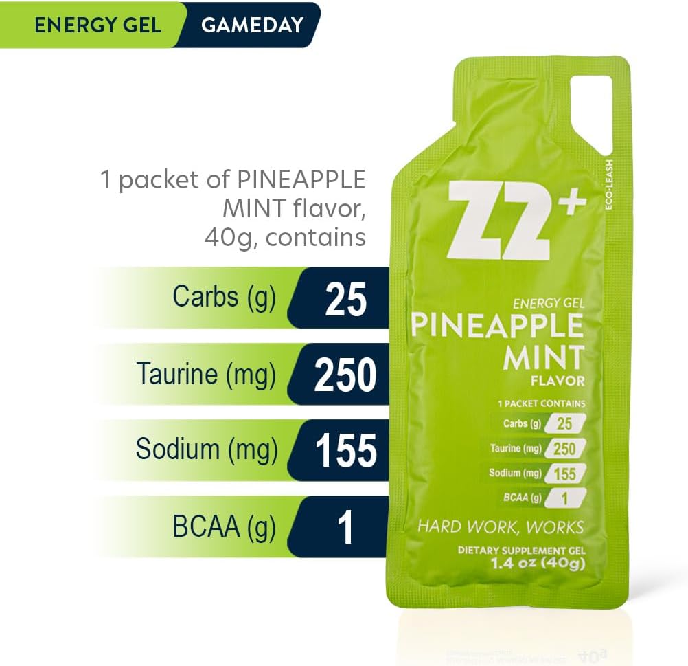 Z2 Pineapple Mint Energy Gel Performance - 25g Carb, 155mg Sodium, 1g BCAA, 250mg Taurine, Electrolytes, Boosts Endurance - 5-Pack