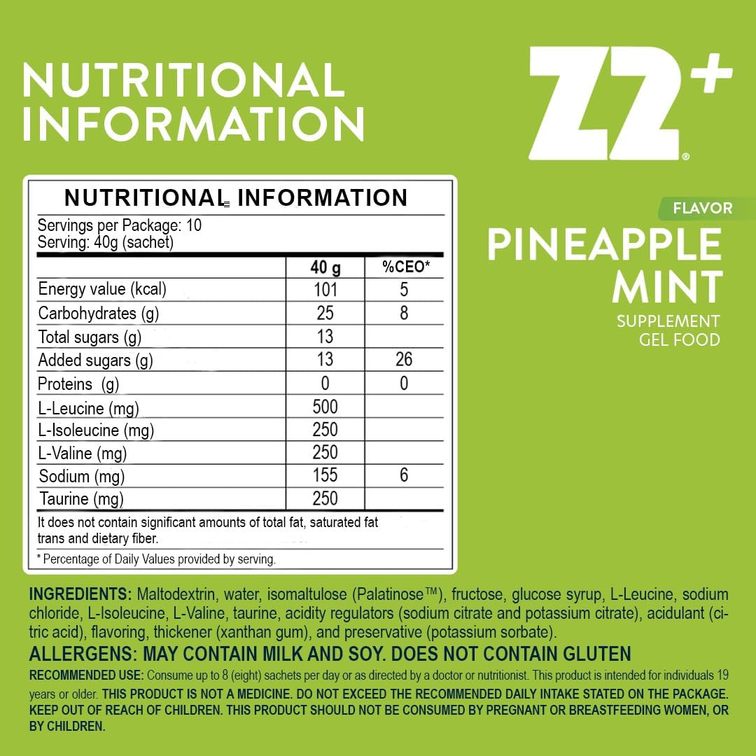Z2 Pineapple Mint Energy Gel Performance - 25g Carb, 155mg Sodium, 1g BCAA, 250mg Taurine, Electrolytes, Boosts Endurance - 5-Pack