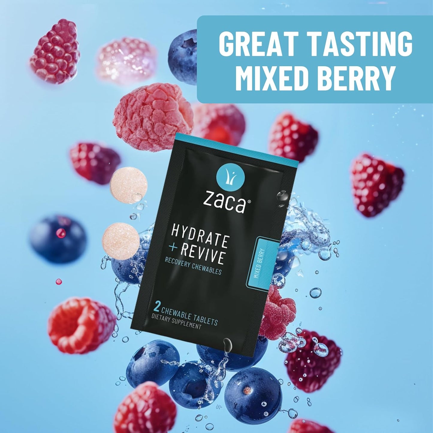 Zaca Recovery Chewable Supplement - Hydrate and Revive for Party, Travel, Exercise, and Altitude - Non-Sugar, Non-Gluten - Mixed Berry, 4 Tablets