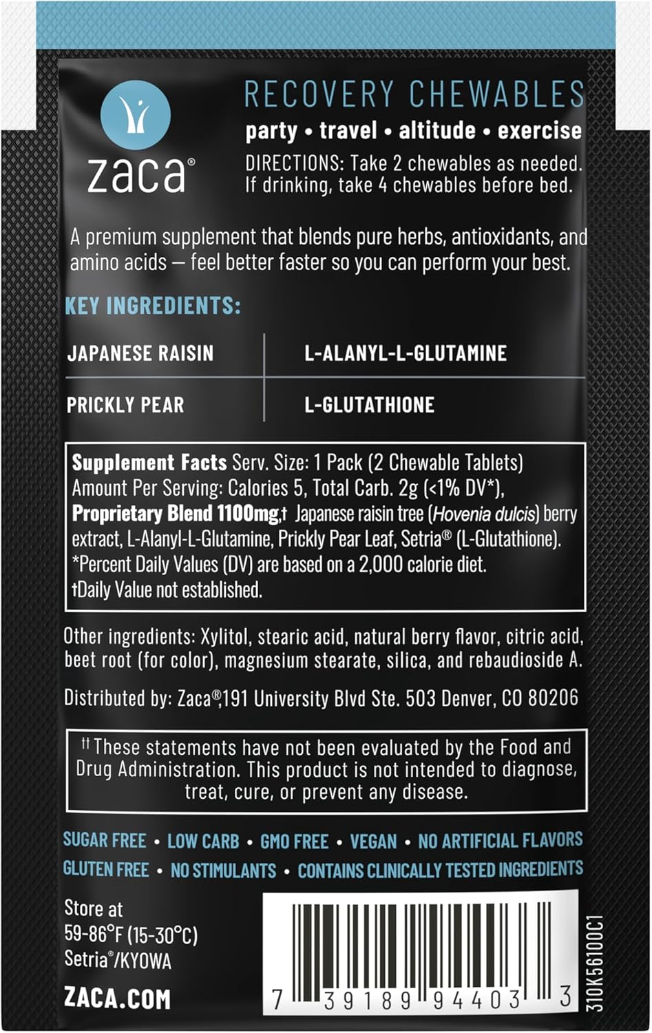 Zaca Recovery Chewable Supplement - Hydrate and Revive for Party, Travel, Exercise, and Altitude - Sugar Free, Gluten Free - Mixed Berry, 6 Packets of 12 Tablets