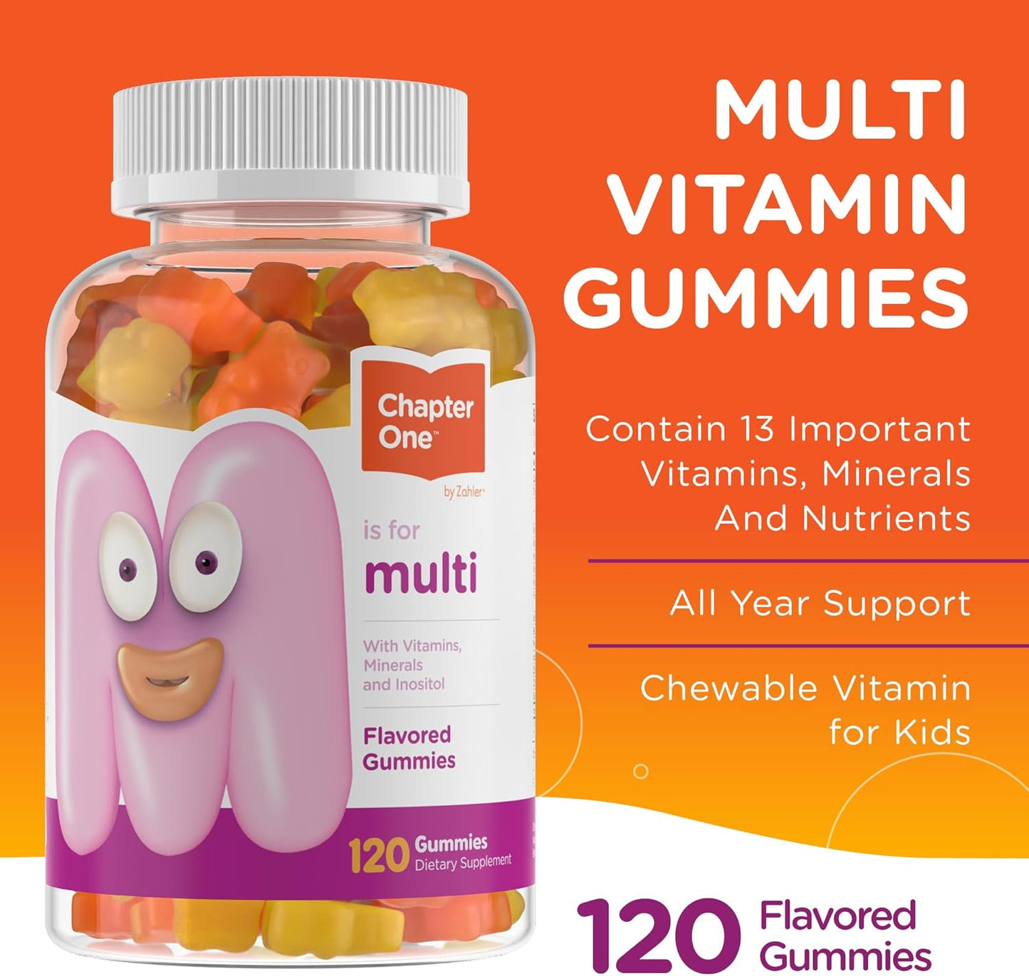 Zahler Chapter One Kids Multivitamin Gummies - 120 Flavored Gummies with 13 Essential Vitamins and Nutrients - Certified Kosher, Vitamin C, D3, Zinc - Delicious and Nutritious