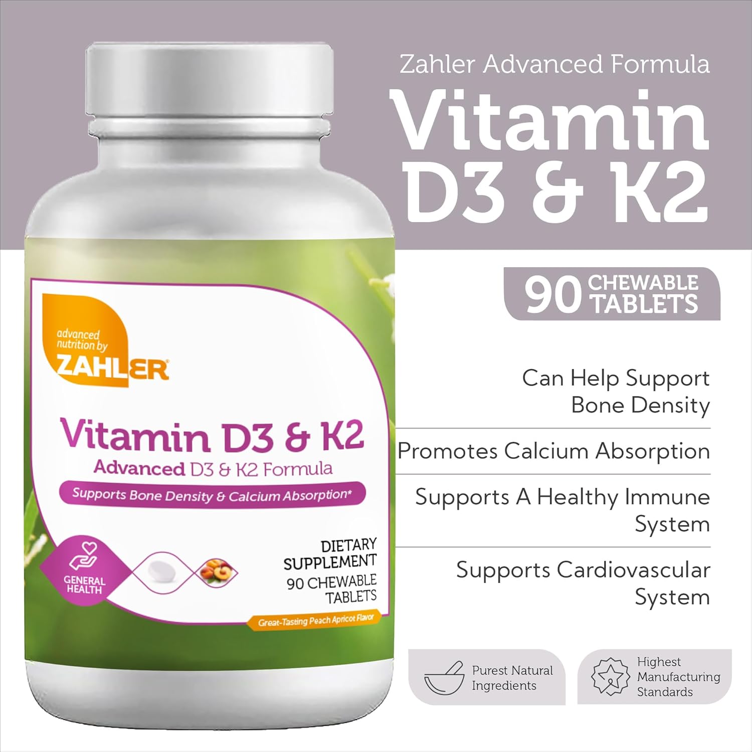 Zahler Chewable Vitamin D3 & K2 Supplement - 90 Count, Kosher Certified, 5000 IU Chew Tablet for Bone Health & Immune Support