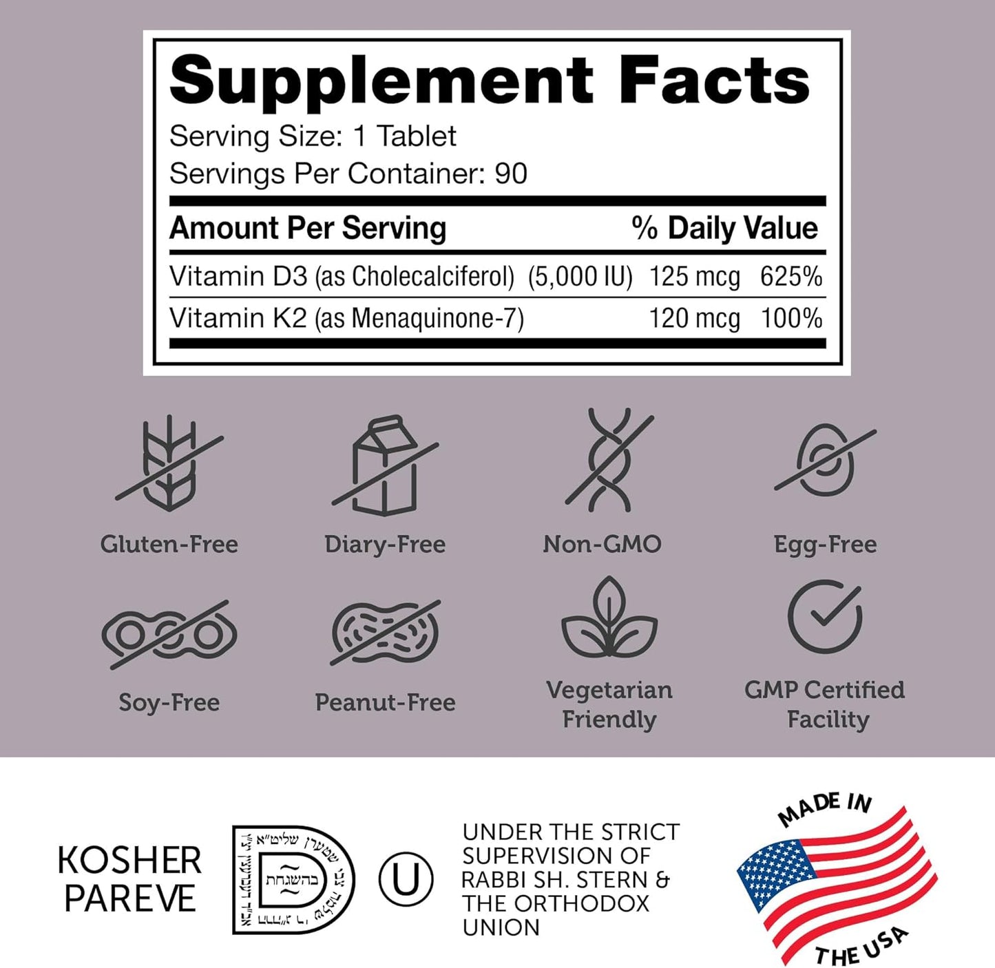 Zahler Chewable Vitamin D3 & K2 Supplement - 90 Count, Kosher Certified, 5000 IU Chew Tablet for Bone Health & Immune Support