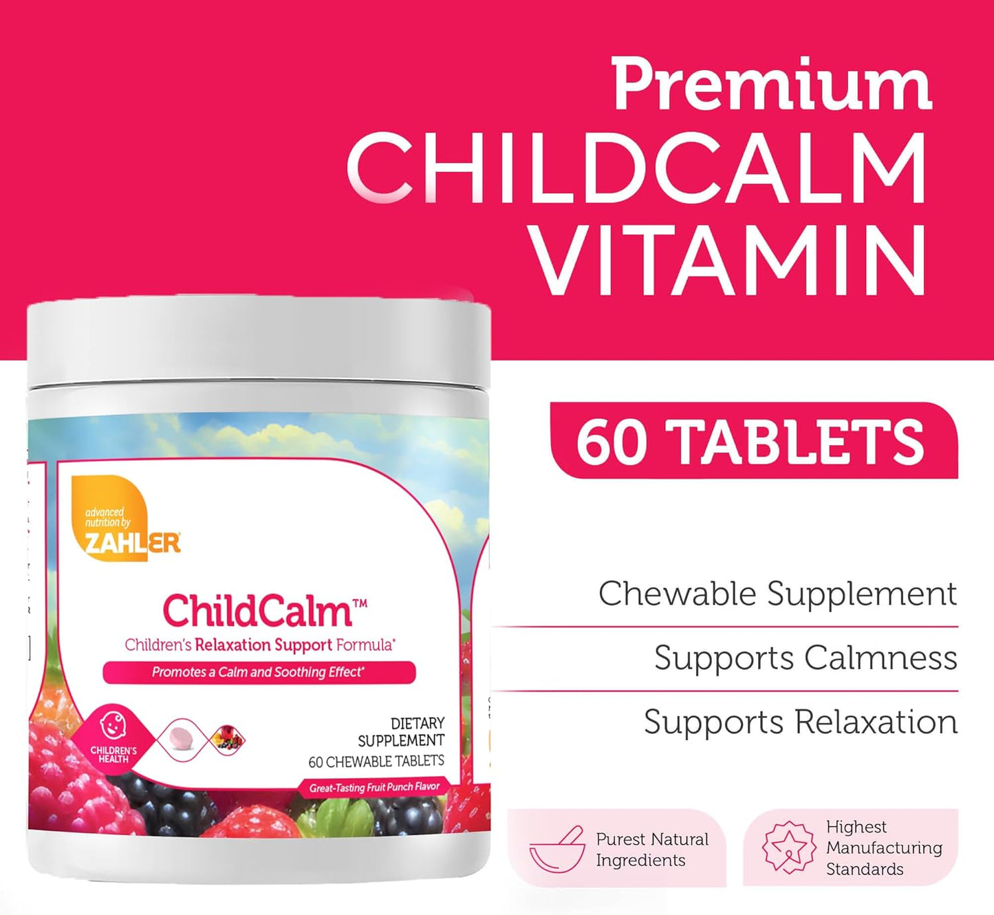Zahler ChildCalm Fruit Punch Chewable Magnesium for Kids - Natural Calm & Mood Support - Calming Kids Magnesium Supplement, 60 Tablets