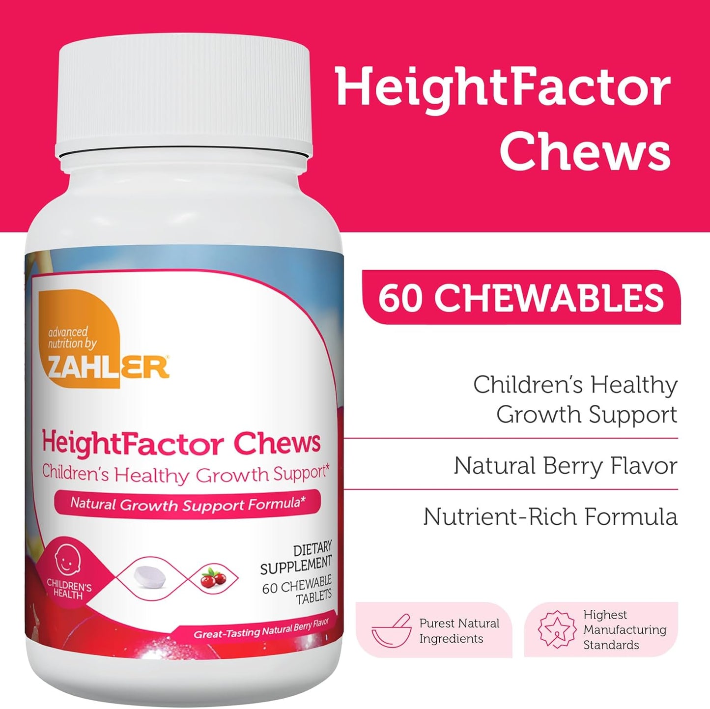 Zahler HeightFactor Chewable Tablets - Natural Height Growth Supplement for Kids Age 4+, Doctor Formulated Maximizer for Growing Taller, 60 Count