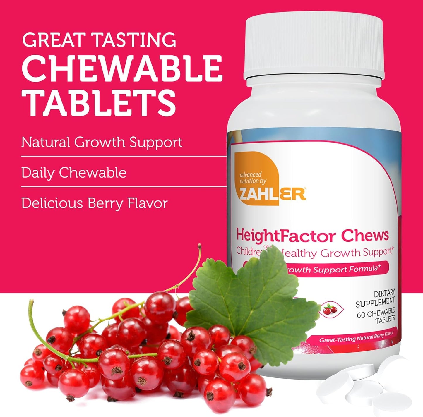 Zahler HeightFactor Chewable Tablets - Natural Height Growth Supplement for Kids Age 4+, Doctor Formulated Maximizer for Growing Taller, 60 Count