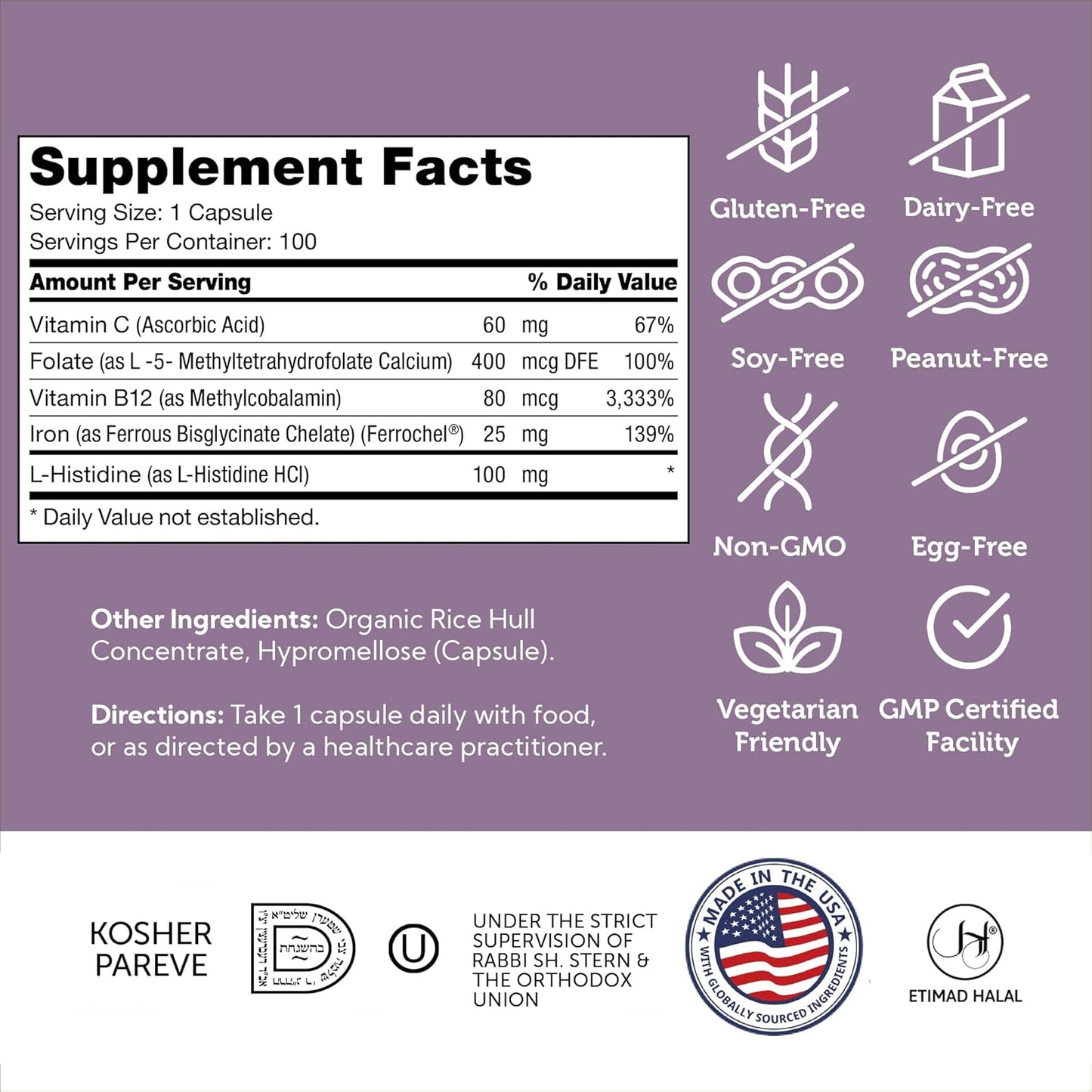 Zahler High Absorption Iron Supplement Capsules with Vitamin C for Men and Women - Kosher Ferrous Iron Pills with B12, Folate - 100 Count