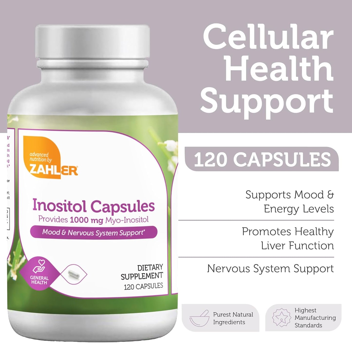 Zahler Inositol 1000mg Capsules - Women's Mood & Nervous System Support - Hormone Balance & Ovarian Function - 120 Count - Kosher, Gluten Free, Dairy Free