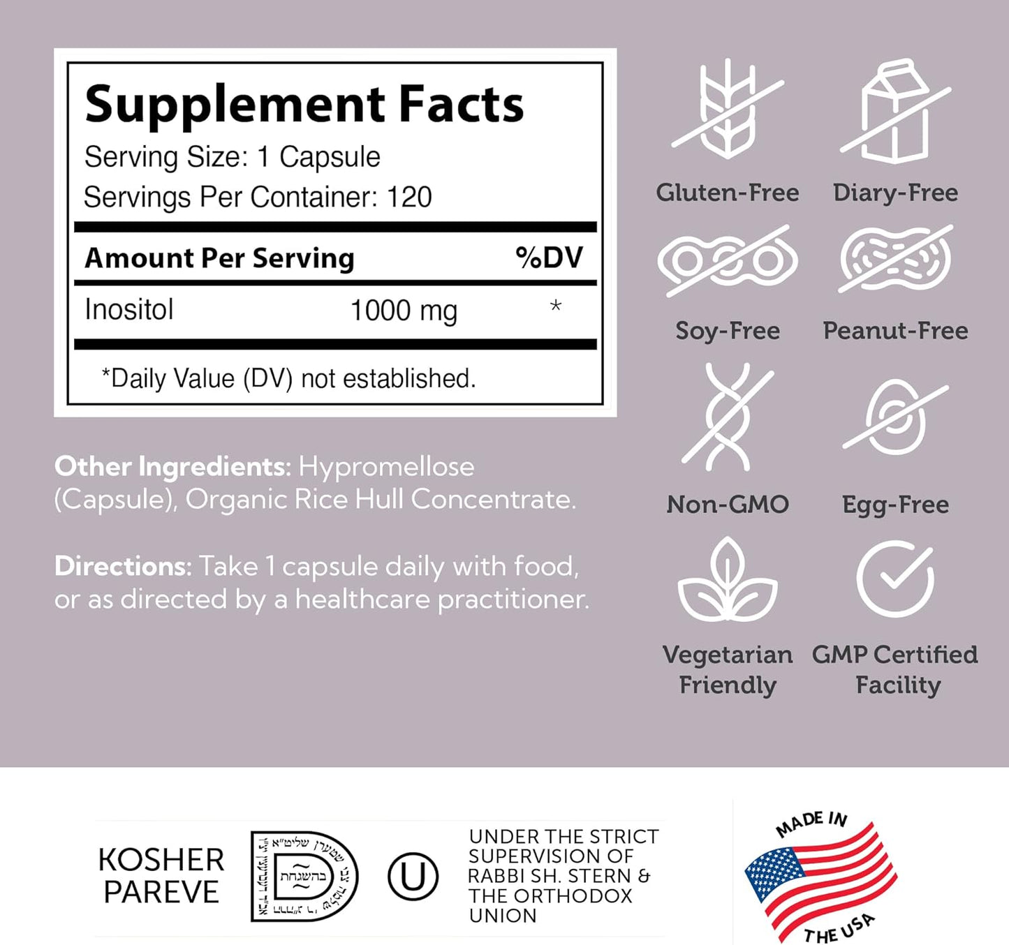 Zahler Inositol 1000mg Capsules - Women's Mood & Nervous System Support - Hormone Balance & Ovarian Function - 120 Count - Kosher, Gluten Free, Dairy Free