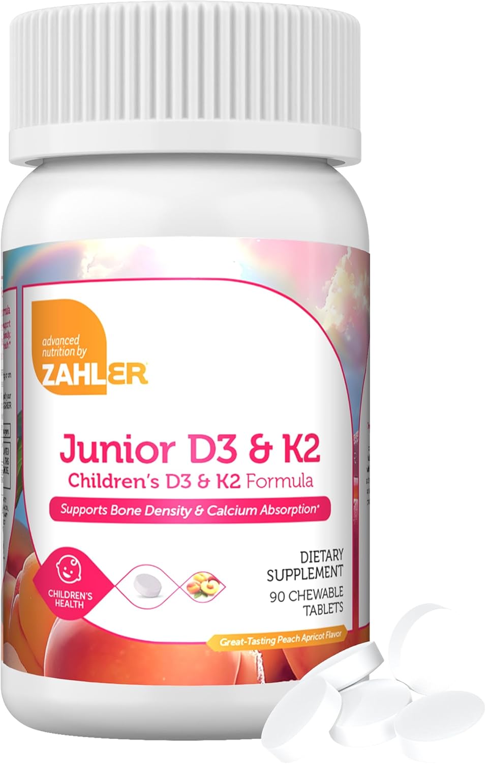 Zahler Junior Vitamin D3 + K2 Chewable Tablets for Kids - 2000 IU Vitamin D - Supports Healthy Bones & Teeth - Kosher - 90 Count