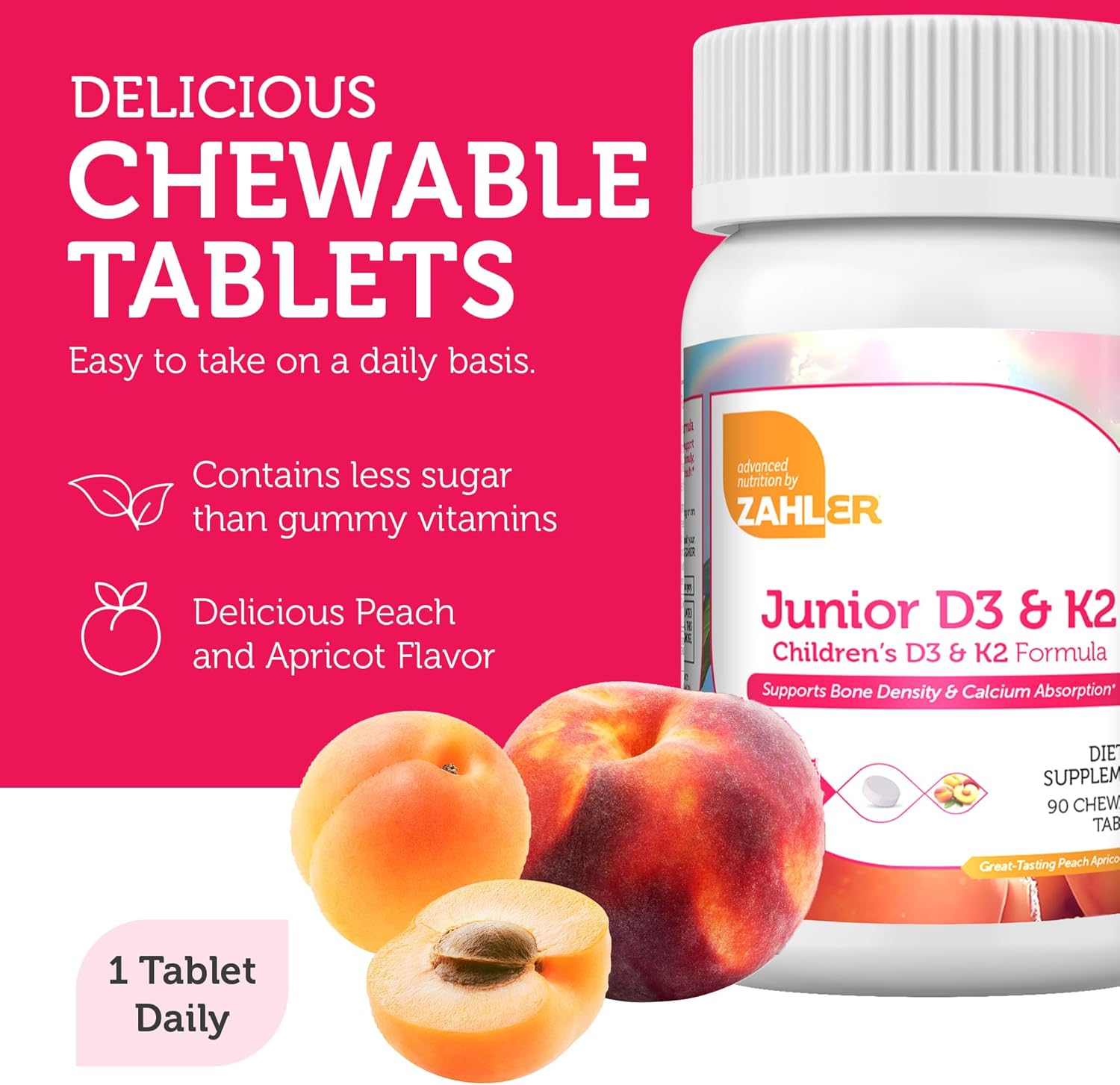 Zahler Junior Vitamin D3 + K2 Chewable Tablets for Kids - 2000 IU Vitamin D - Supports Healthy Bones & Teeth - Kosher - 90 Count