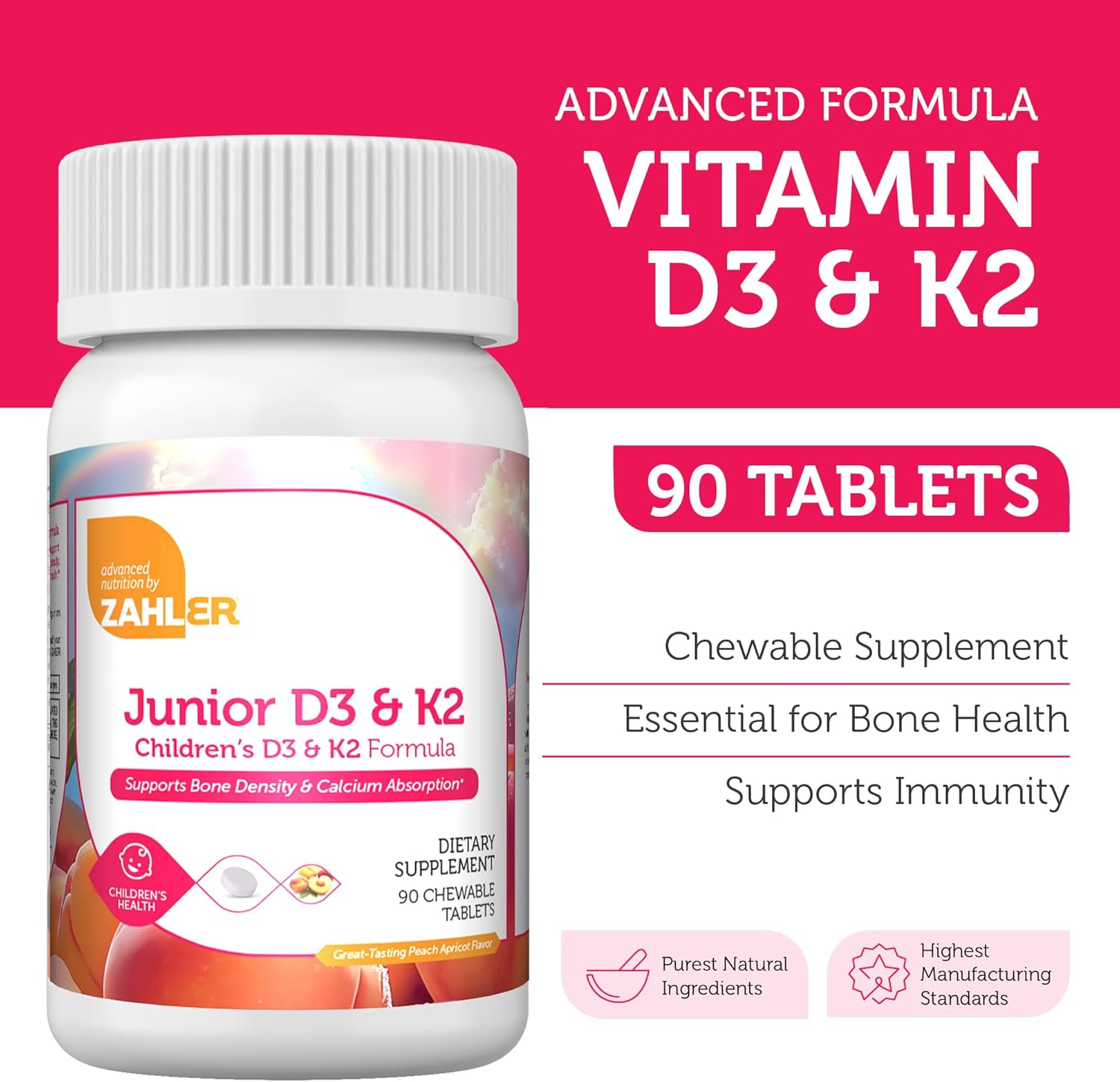 Zahler Junior Vitamin D3 + K2 Chewable Tablets for Kids - 2000 IU Vitamin D - Supports Healthy Bones & Teeth - Kosher - 90 Count