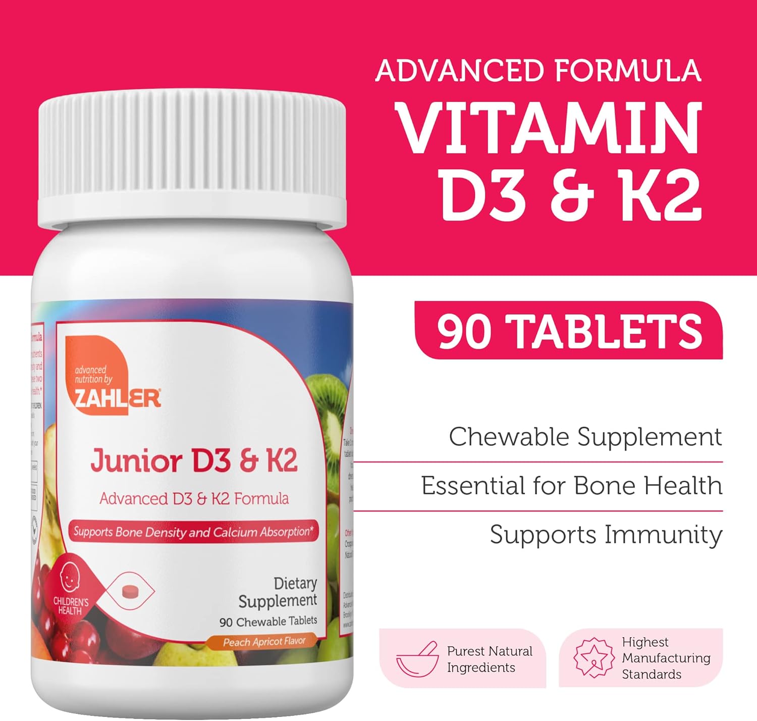 Zahler Junior Vitamin D3 + K2 Chewable Tablets for Kids - 2000 IU Vitamin D - Supports Healthy Bones & Teeth - Kosher - 90 Count