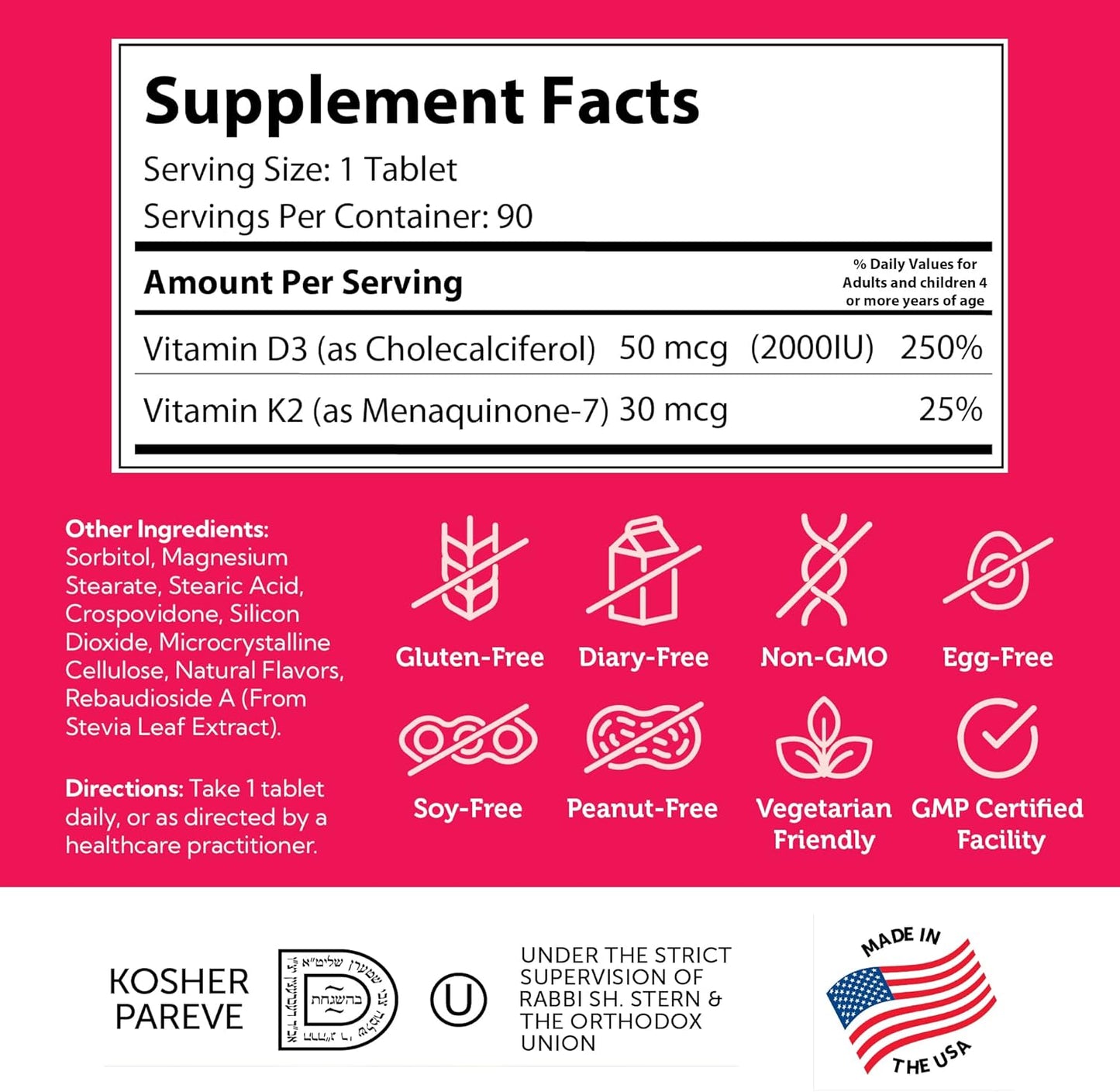 Zahler Junior Vitamin D3 + K2 Chewable Tablets for Kids - 2000 IU Vitamin D - Supports Healthy Bones & Teeth - Kosher - 90 Count