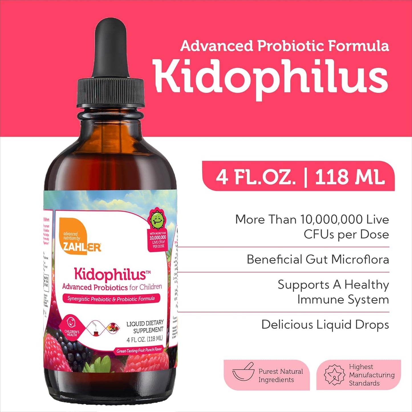 Zahler Kidophilus Liquid Probiotics for Kids - 4 Fl Oz, Kosher Certified Digestive & Immune Support, Fruit Punch Flavor