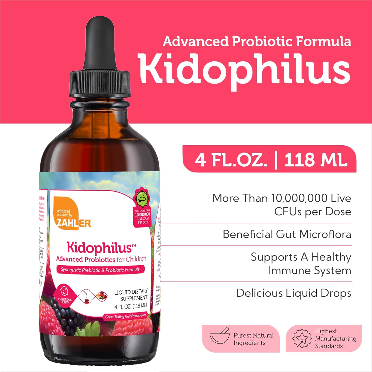 Zahler Kidophilus Liquid Probiotics for Kids - 4 Fl Oz, Kosher Certified Digestive & Immune Support, Fruit Punch Flavor