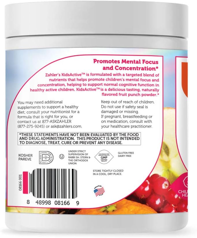 Zahler KidsActive Concentration Formula Powder - Natural Children's Supplement for Focus - Kosher Certified Fruit Punch Flavor