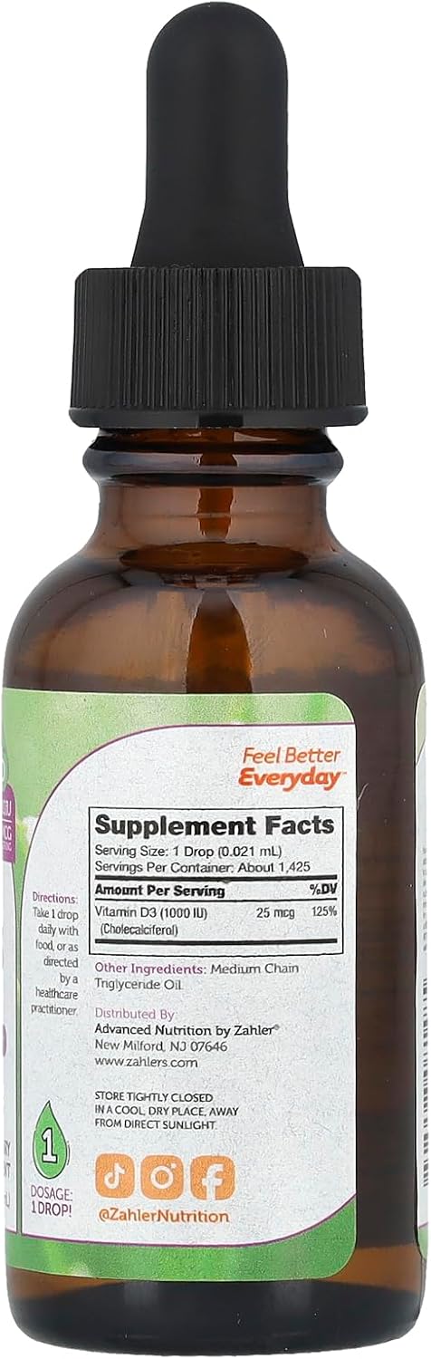 Zahler Liquid Vitamin D3 Drops - 1000 IU Supplement for Men & Women, Vegetarian Kosher Non-GMO Gluten Free - 1 fl oz