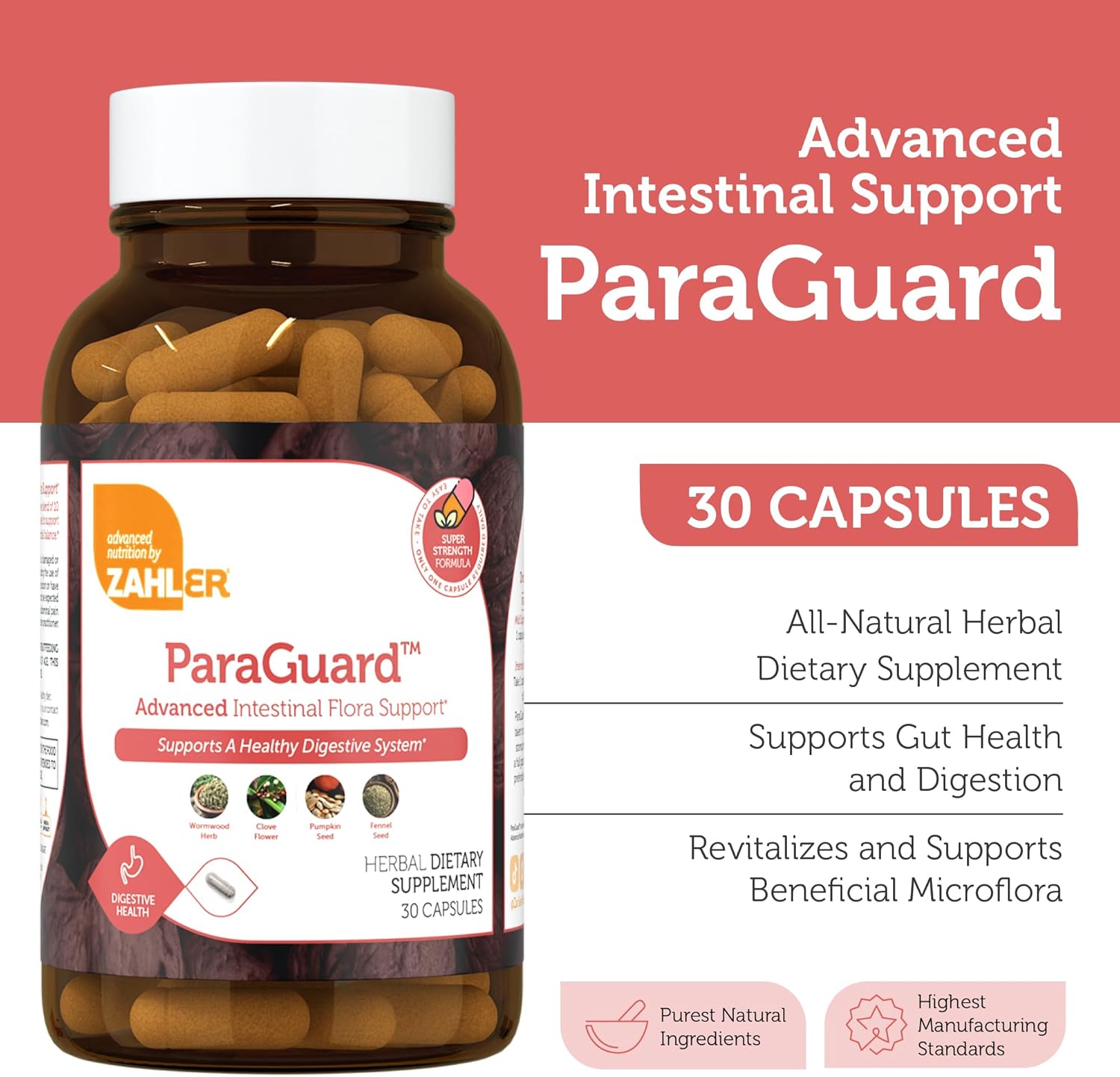 Zahler ParaGuard Capsules: Natural Gut Health Supplement with Wormwood, Garlic, Pumpkin Seed, Clove - Certified Kosher - 30 Count