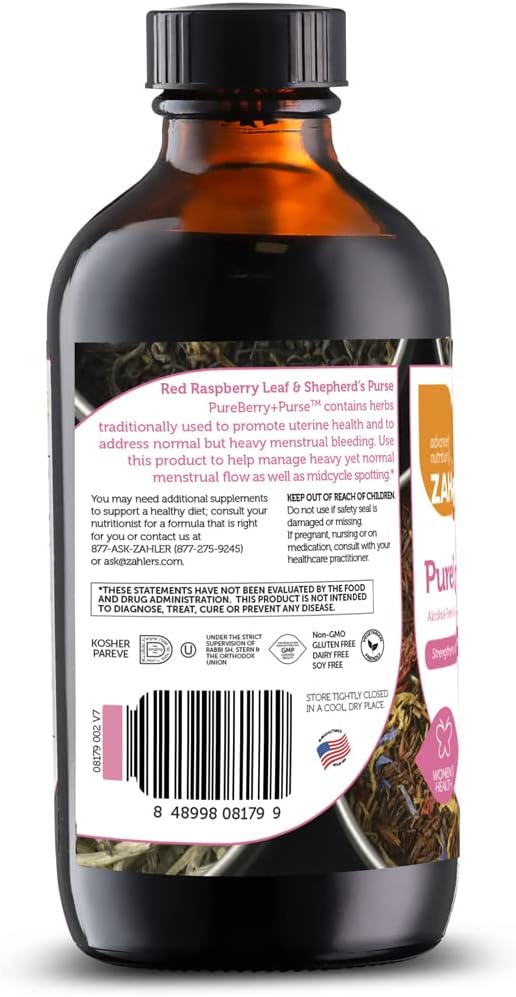 Zahler PureBerry+Purse Liquid Supplement - Raspberry Leaf & Shepherd's Purse, Uterine Tissue Support, Certified Kosher - 8oz
