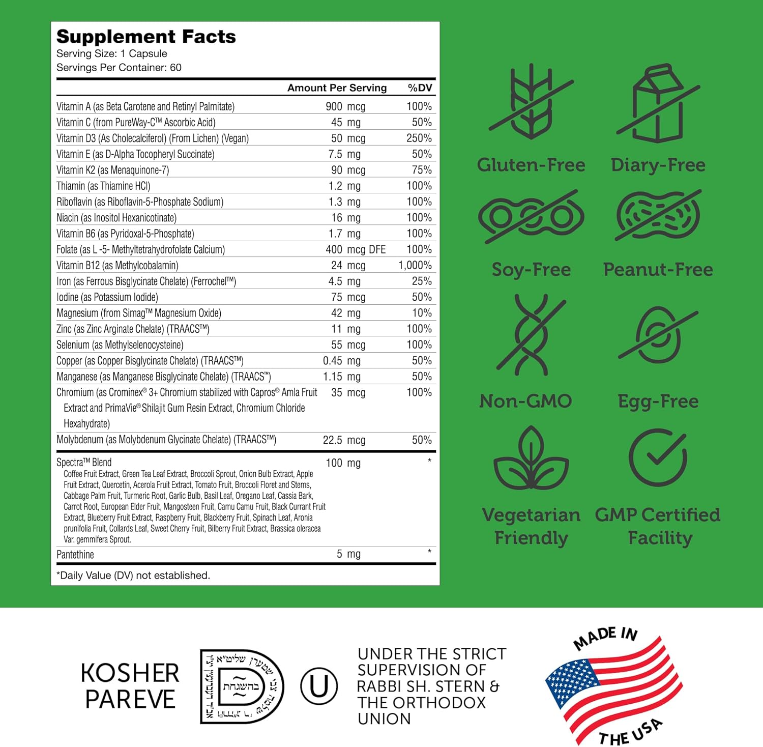 Zahler Vegan Multivitamin for Men and Women - 60 Count - Kosher Whole Food Spectra Blend - Vegetarian and Vegan Adults Nutrients