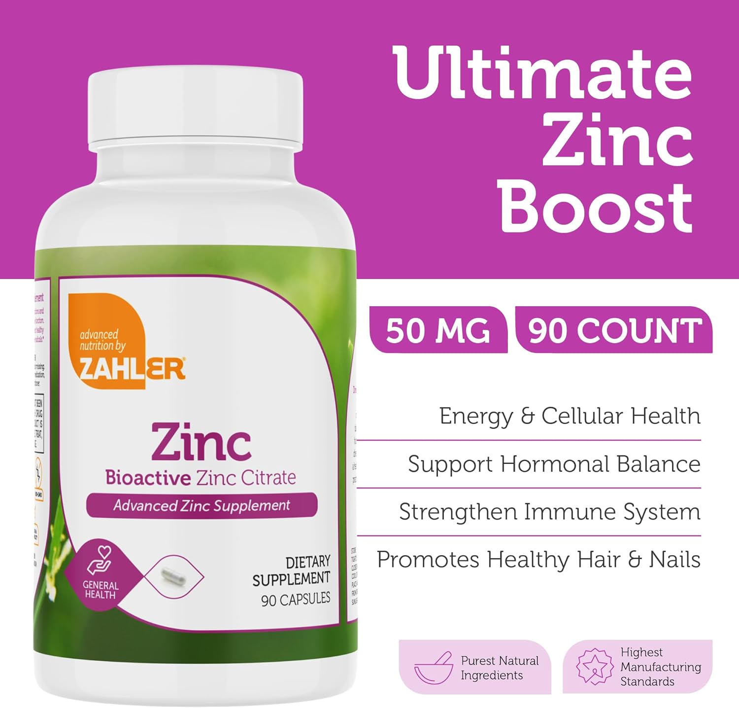 Zahler Zinc 50mg Capsules - Immune & Antioxidant Support, Certified Kosher - 90 Count