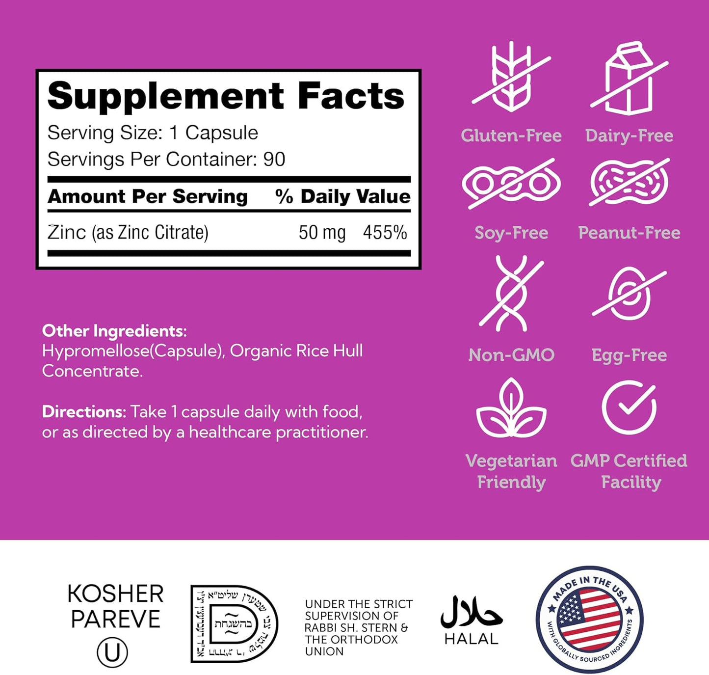 Zahler Zinc 50mg Capsules - Immune & Antioxidant Support, Certified Kosher - 90 Count