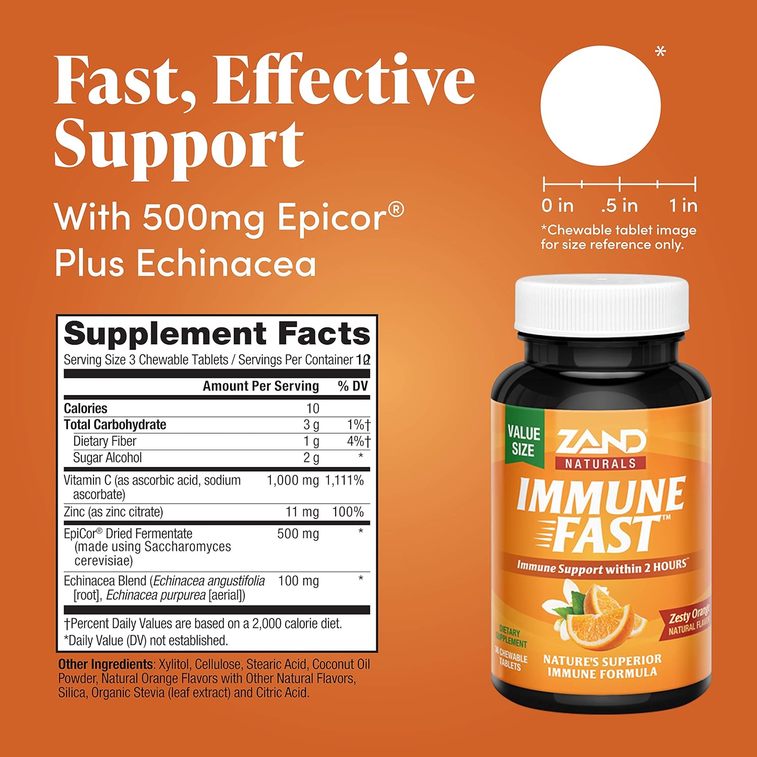 Zand Immune Fast Chews: Enhanced Immune Support with EpiCor & Vitamin C - Orange Flavor, 36 Count