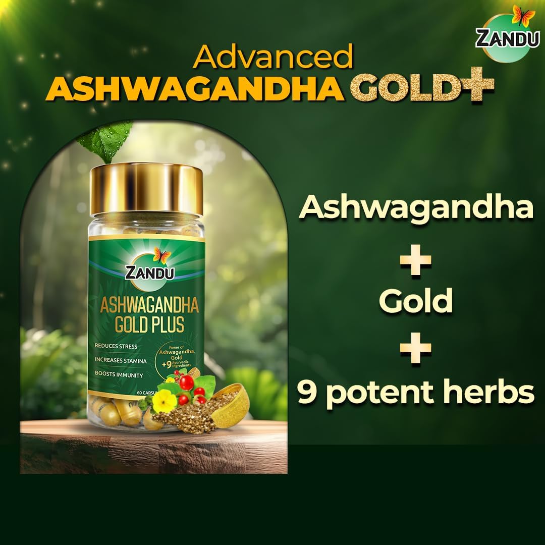 Zandu Ashwagandha Gold Plus Capsules with Ayurvedic Ingredients for Stamina and Immunity, 60 Count