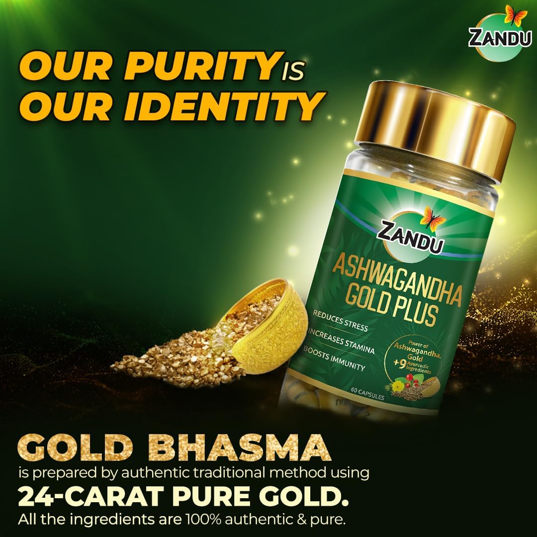 Zandu Ashwagandha Gold Plus Capsules with Ayurvedic Ingredients for Stamina and Immunity, 60 Count