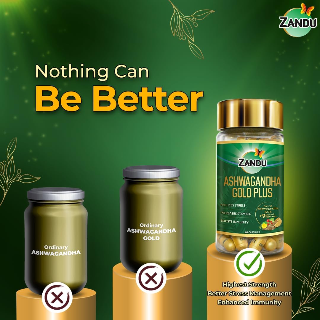 Zandu Ashwagandha Gold Plus Capsules with Ayurvedic Ingredients for Stamina and Immunity, 60 Count