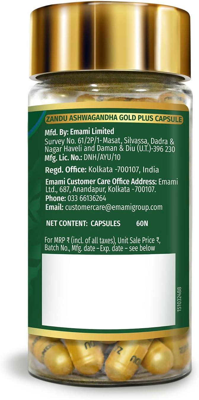 Zandu Ashwagandha Gold Plus Capsules with Ayurvedic Ingredients for Stamina and Immunity, 60 Count