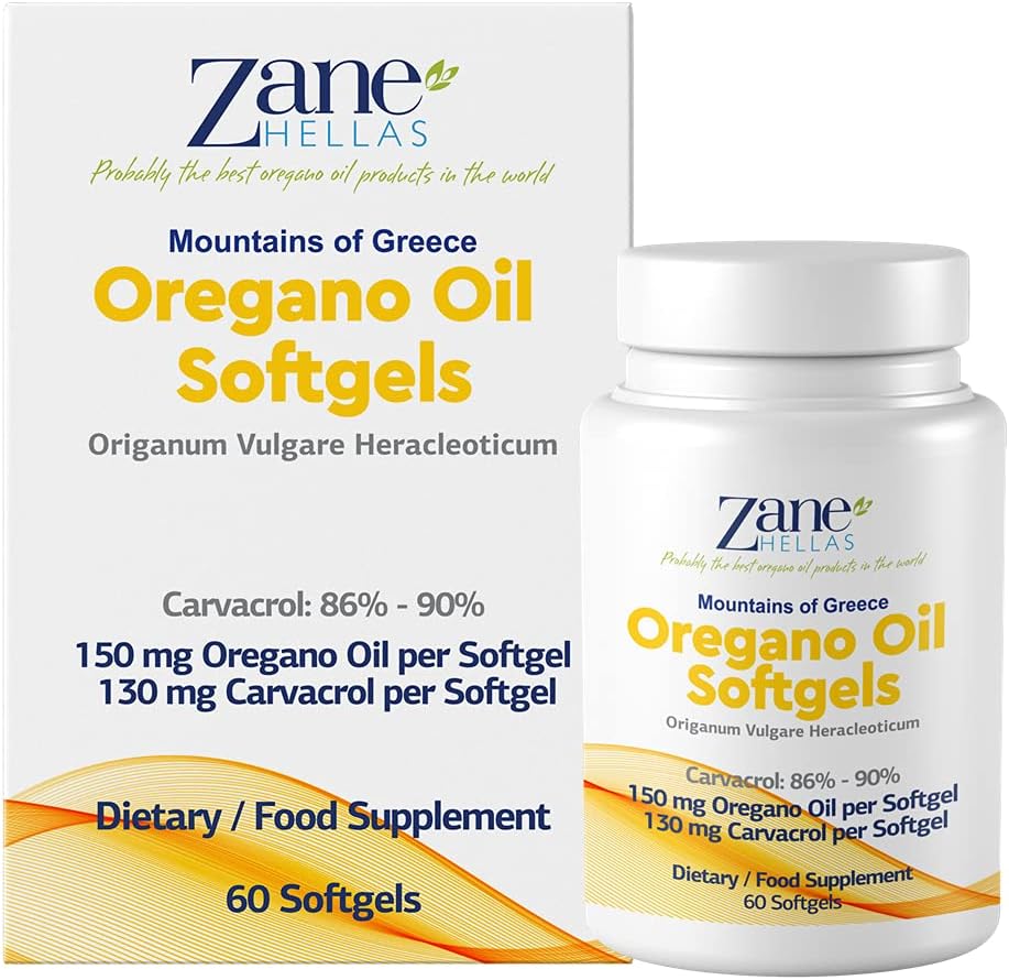 Zane Hellas Oregano Oil Softgels - 130mg Carvacrol, 150mg Oregano Oil, Highest Concentration, Greek Essential Oil, 240 Softgels