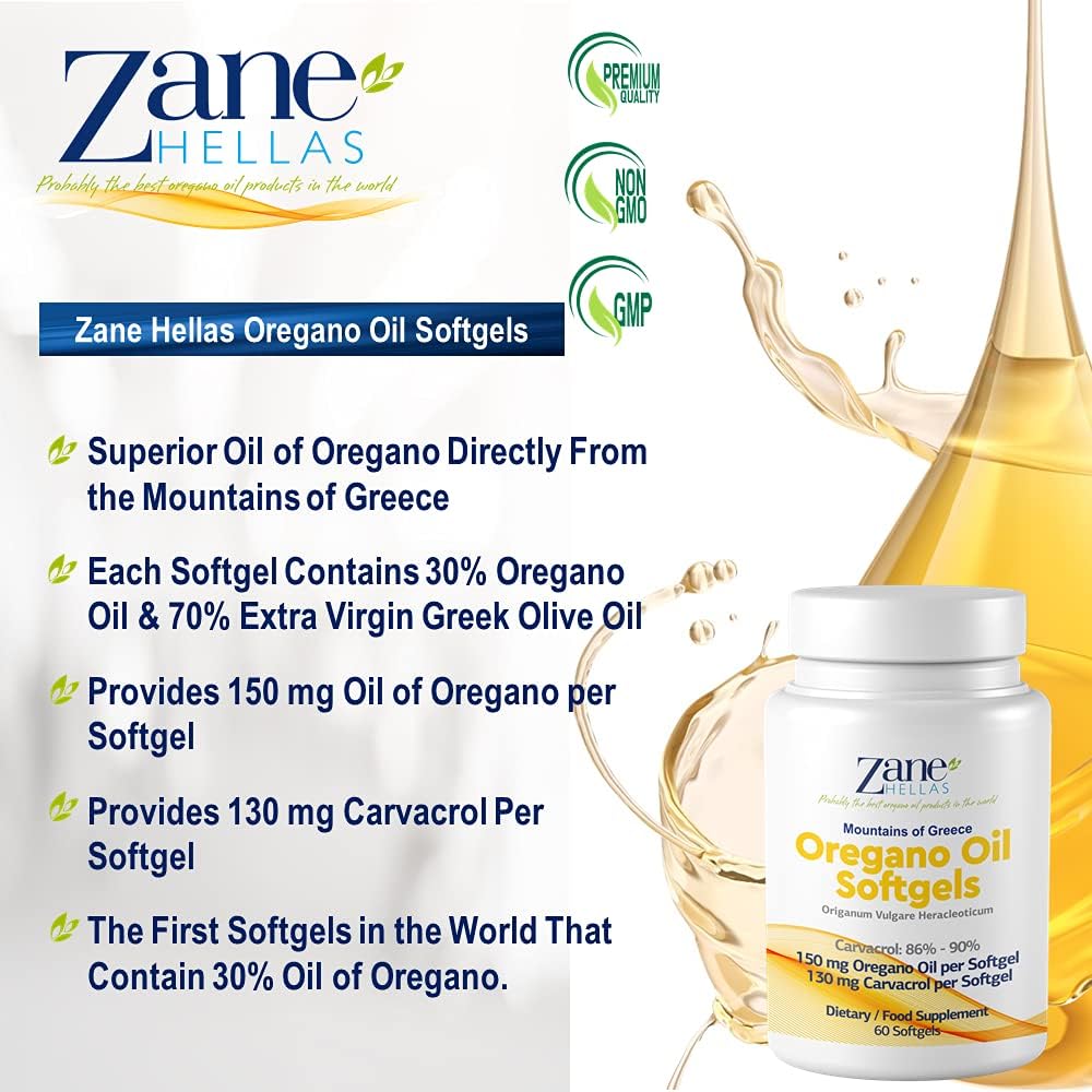 Zane Hellas Oregano Oil Softgels - 130mg Carvacrol, 150mg Oregano Oil, Highest Concentration, Greek Essential Oil, 240 Softgels