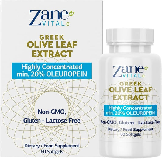 Zane VITALe Greek Olive Leaf Extract Capsules - 20% Oleuropein for Immune & Blood Pressure Support - Cardiovascular Health - 60 ct Non-GMO, Gluten-Free, Lactose-Free, Paraben-Free