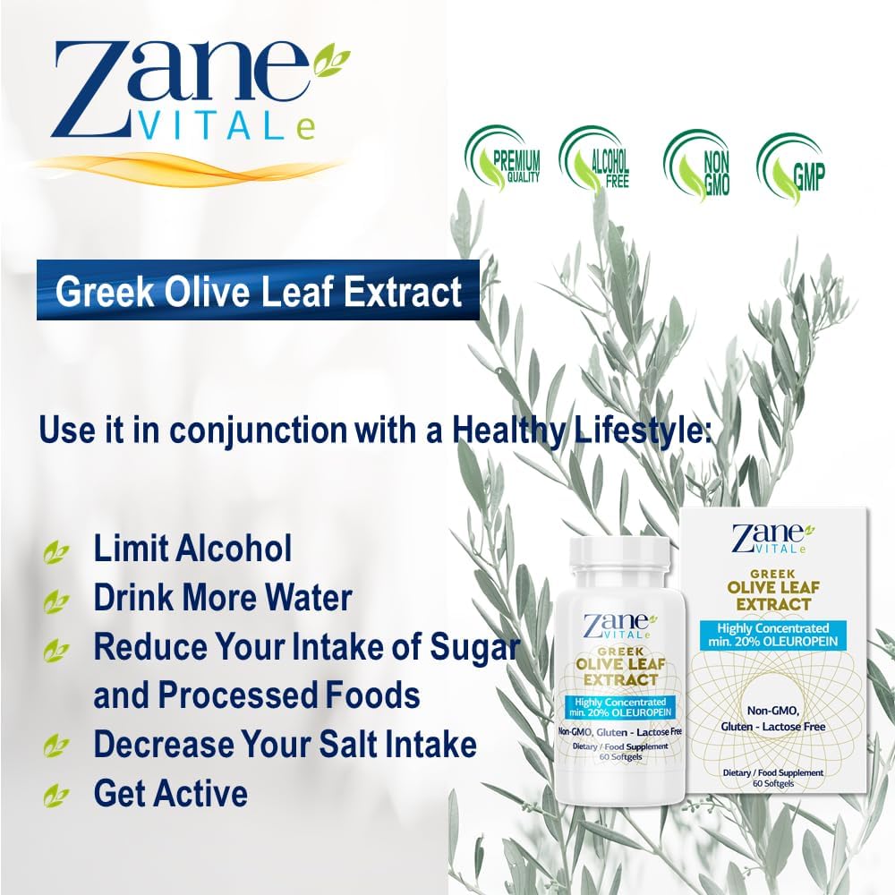 Zane VITALe Greek Olive Leaf Extract Capsules - 20% Oleuropein for Immune & Blood Pressure Support - Cardiovascular Health - 60 ct Non-GMO, Gluten-Free, Lactose-Free, Paraben-Free