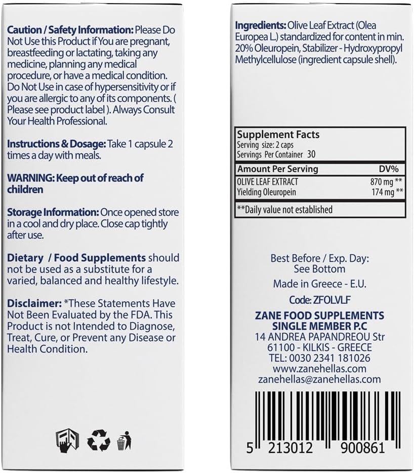 Zane VITALe Greek Olive Leaf Extract Capsules - 20% Oleuropein for Immune & Blood Pressure Support - Cardiovascular Health - 60 ct Non-GMO, Gluten-Free, Lactose-Free, Paraben-Free