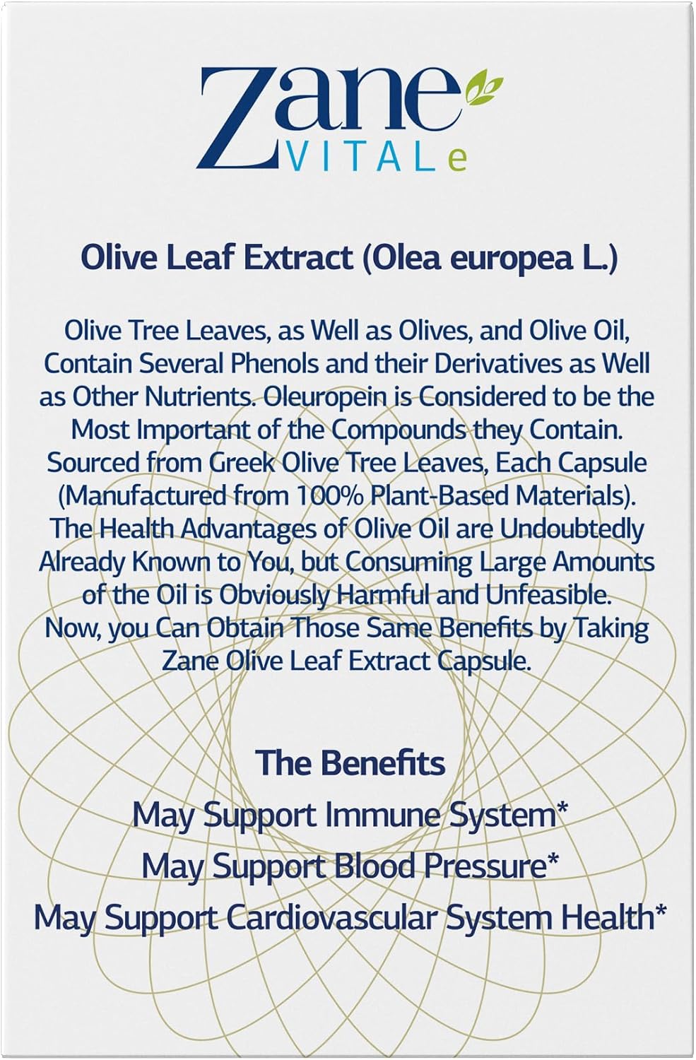 Zane VITALe Greek Olive Leaf Extract Capsules - 20% Oleuropein for Immune & Blood Pressure Support - Cardiovascular Health - 60 ct Non-GMO, Gluten-Free, Lactose-Free, Paraben-Free