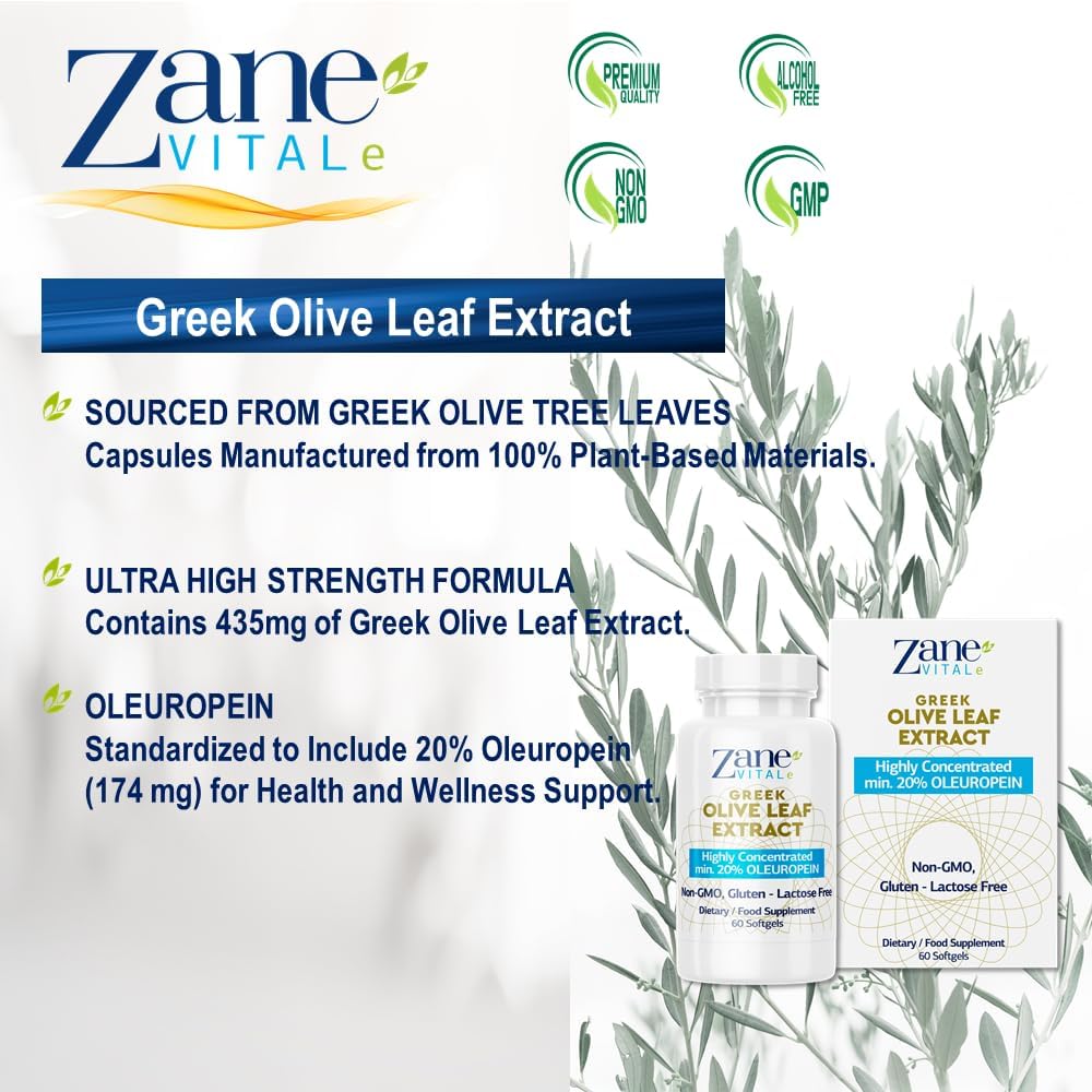 Zane VITALe Greek Olive Leaf Extract Capsules - 20% Oleuropein for Immune & Blood Pressure Support - Cardiovascular Health - 60 ct Non-GMO, Gluten-Free, Lactose-Free, Paraben-Free