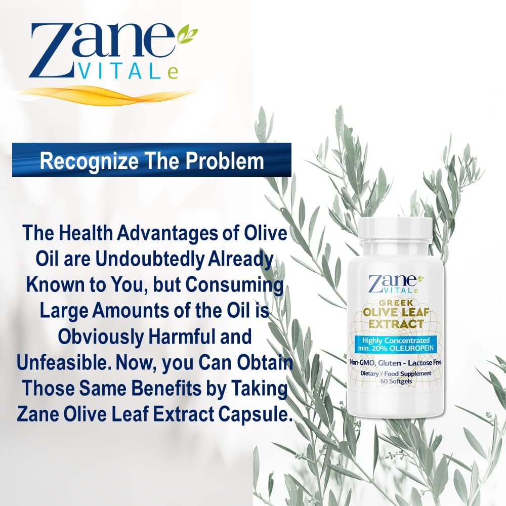 Zane VITALe Greek Olive Leaf Extract Capsules - 20% Oleuropein for Immune & Blood Pressure Support - Cardiovascular Health - 60 ct Non-GMO, Gluten-Free, Lactose-Free, Paraben-Free