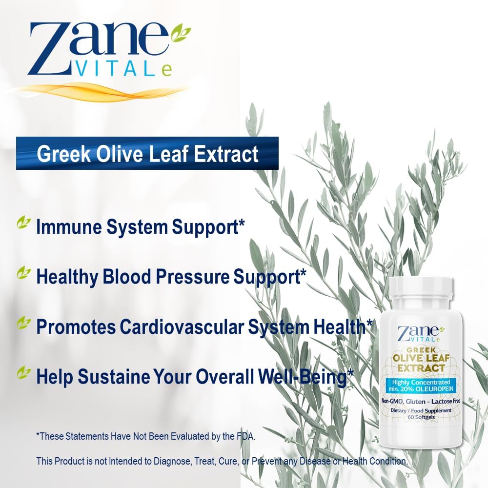 Zane VITALe Greek Olive Leaf Extract Capsules - 20% Oleuropein for Immune & Blood Pressure Support - Cardiovascular Health - 60 ct Non-GMO, Gluten-Free, Lactose-Free, Paraben-Free