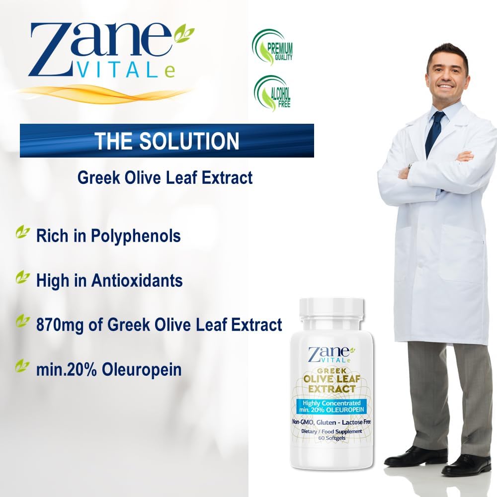Zane VITALe Greek Olive Leaf Extract Capsules - 20% Oleuropein for Immune & Blood Pressure Support - Cardiovascular Health - 60 ct Non-GMO, Gluten-Free, Lactose-Free, Paraben-Free