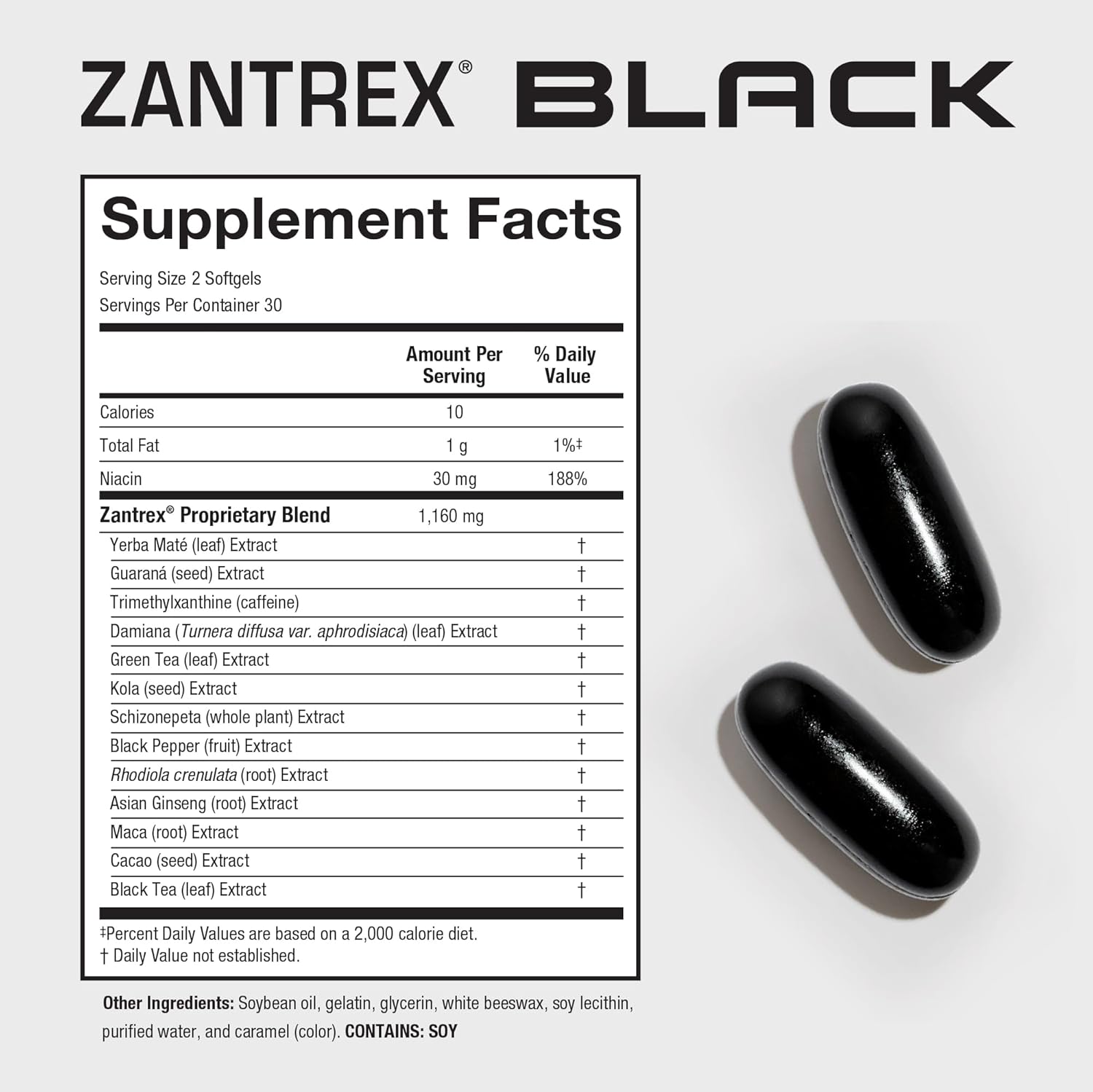 Zantrex Black Softgels - Natural Energy Boost, Metabolism Support, Appetite Control - 300MG Caffeine, Yerba Mate, Damiana, Guarana - 60 Count