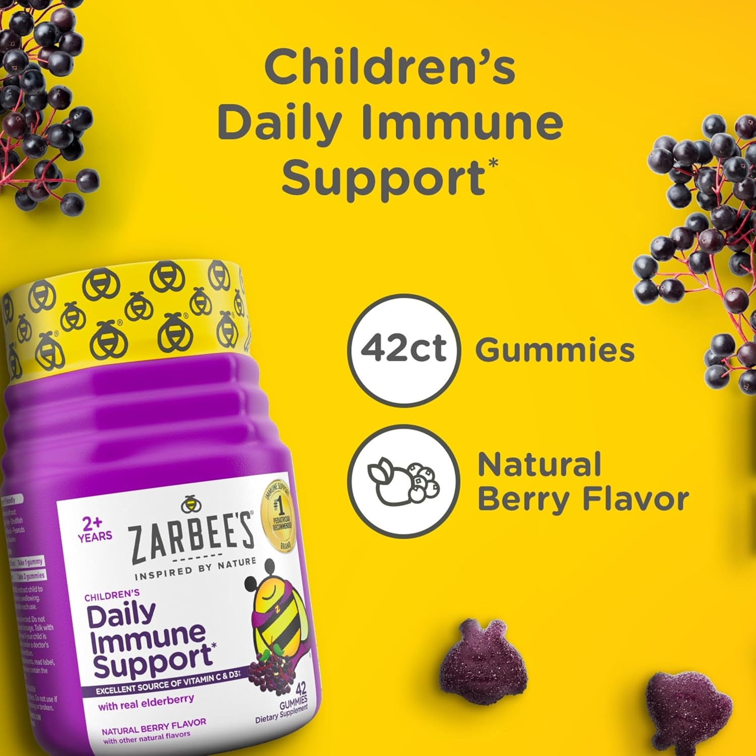 Zarbee's Children's Immune Support Gummies with Elderberry, Vitamins, and Zinc - 42 ct, Gluten-Free, No Artificial Flavors