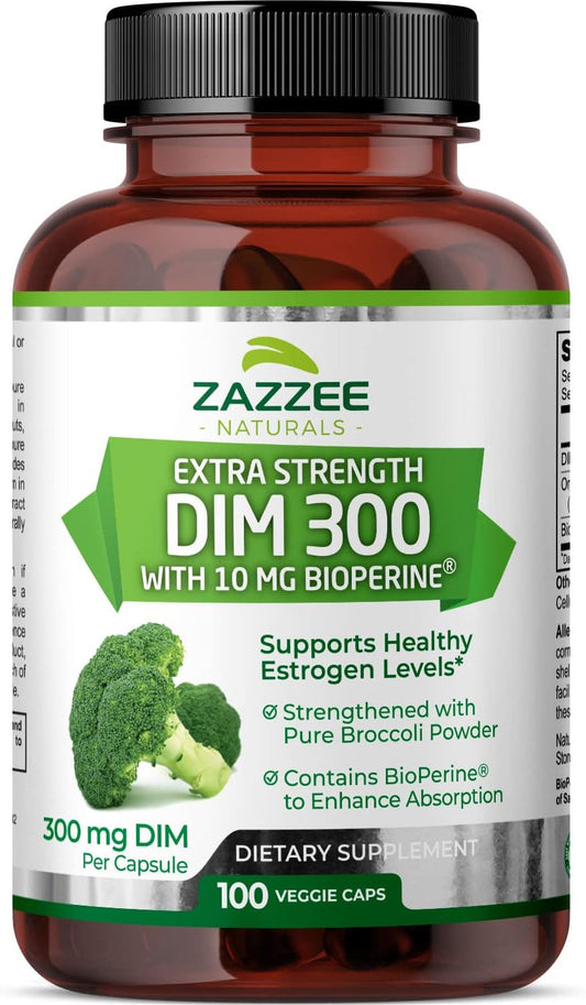 Zazzee DIM Capsules - 100 Count, 300 mg with 10 mg BioPerine for Hormonal Balance, Menopause Support, Estrogen Balance - Vegan and All-Natural - Non-GMO - Made in USA