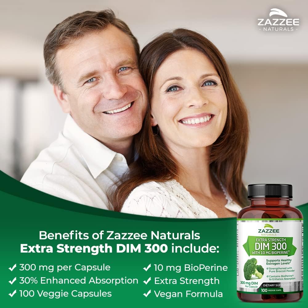 Zazzee DIM Capsules - 100 Count, 300 mg with 10 mg BioPerine for Hormonal Balance, Menopause Support, Estrogen Balance - Vegan and All-Natural - Non-GMO - Made in USA